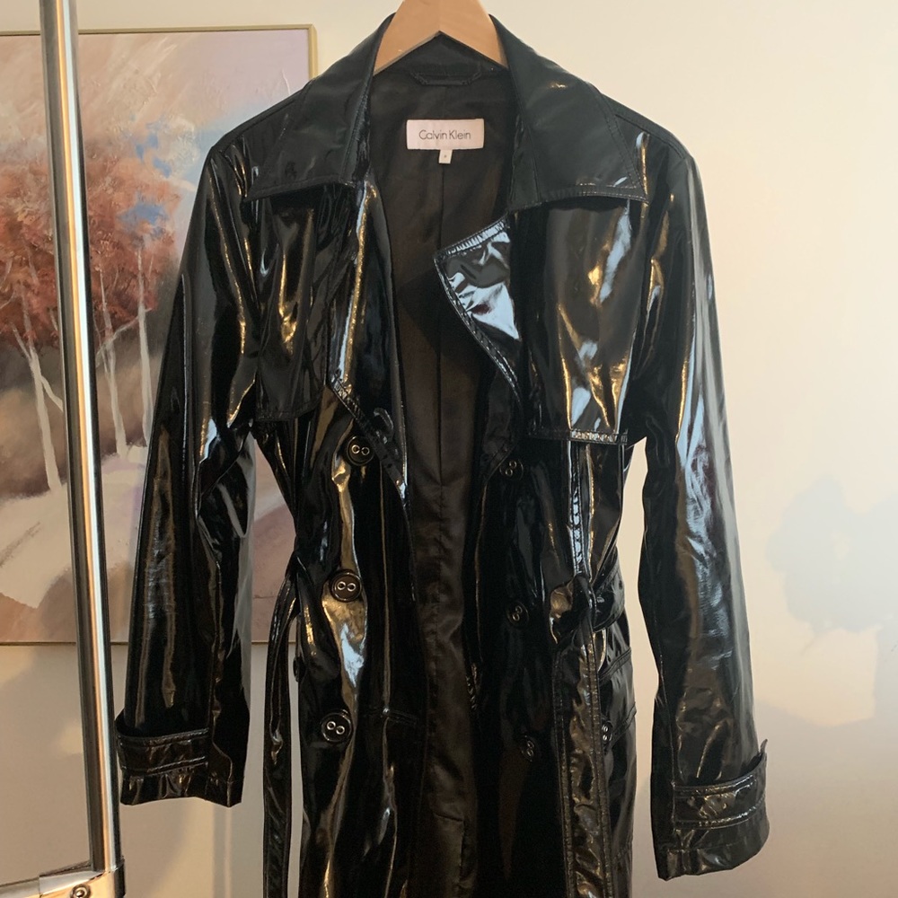Calvin Klein trendy black patent leather coat
